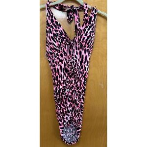 Kiwi Womens Ruched Halter Mini Dress Stretch Clubwear Neon Pink Black Leopard S
